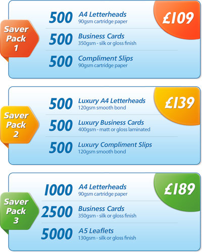 500 letterheads, business cards and compliment slips in a stationery saver pack for 159 pounds